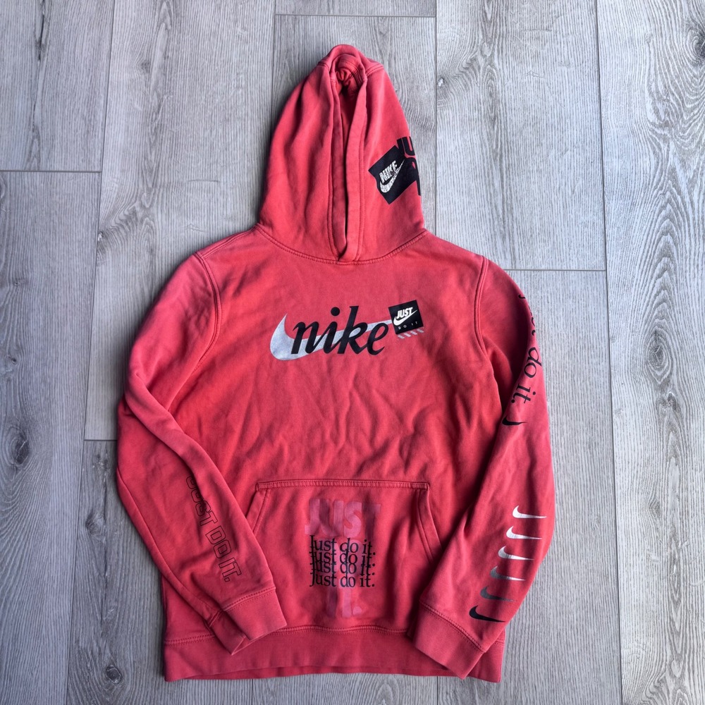Nike Just Do It Multi Logo Pullover Hoodie Red Orange Large Pullover Sweatshirt